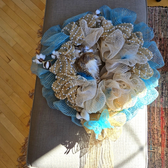 Hand Crafted Blue and Tan Holiday Wreath - Picture 7 of 11
